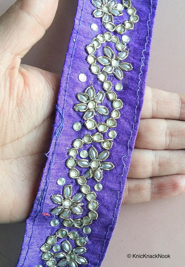 Purple And Silver Thread Embroidery Kundan Work One Yard Lace Trim 40mm Wide - 200317L523
